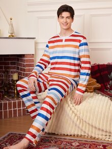 CoupledUp Men's Striped Long Sleeve Top And Pants Casual Daily Loungewear Set - Multicolor - View 3