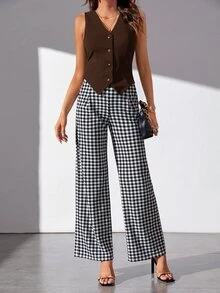 SHEIN Tall 秋冬款高個女款純色鈕扣前襟背心西裝外套 - 咖啡棕 - 查看 4