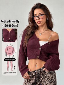 SHEIN PETITE White Lantern Sleeve Button Front Rib Knit Cardigan Open Shoulder Sweater In Autumn Petite Women Date Day Everyday Going Out Daily Wear Casual Sexy - Red Violet - View 10