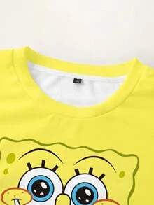 SpongeBob SquarePants | SHEIN 大尺碼圓領卡通印花休閒日常長袖運動衫 - 白色 - 查看 3