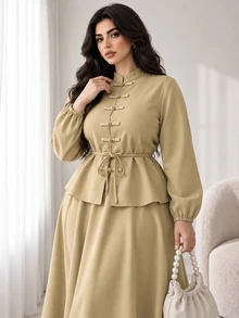 Solavon Plus Size Elegant Frog Button Long Sleeve Top And Long Skirt 2 Pieces Set - Khaki - View 3