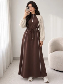 Solavon Plus Size Women's Colorblock Long Sleeve Casual Loose Fit Dress - Brown - View 1