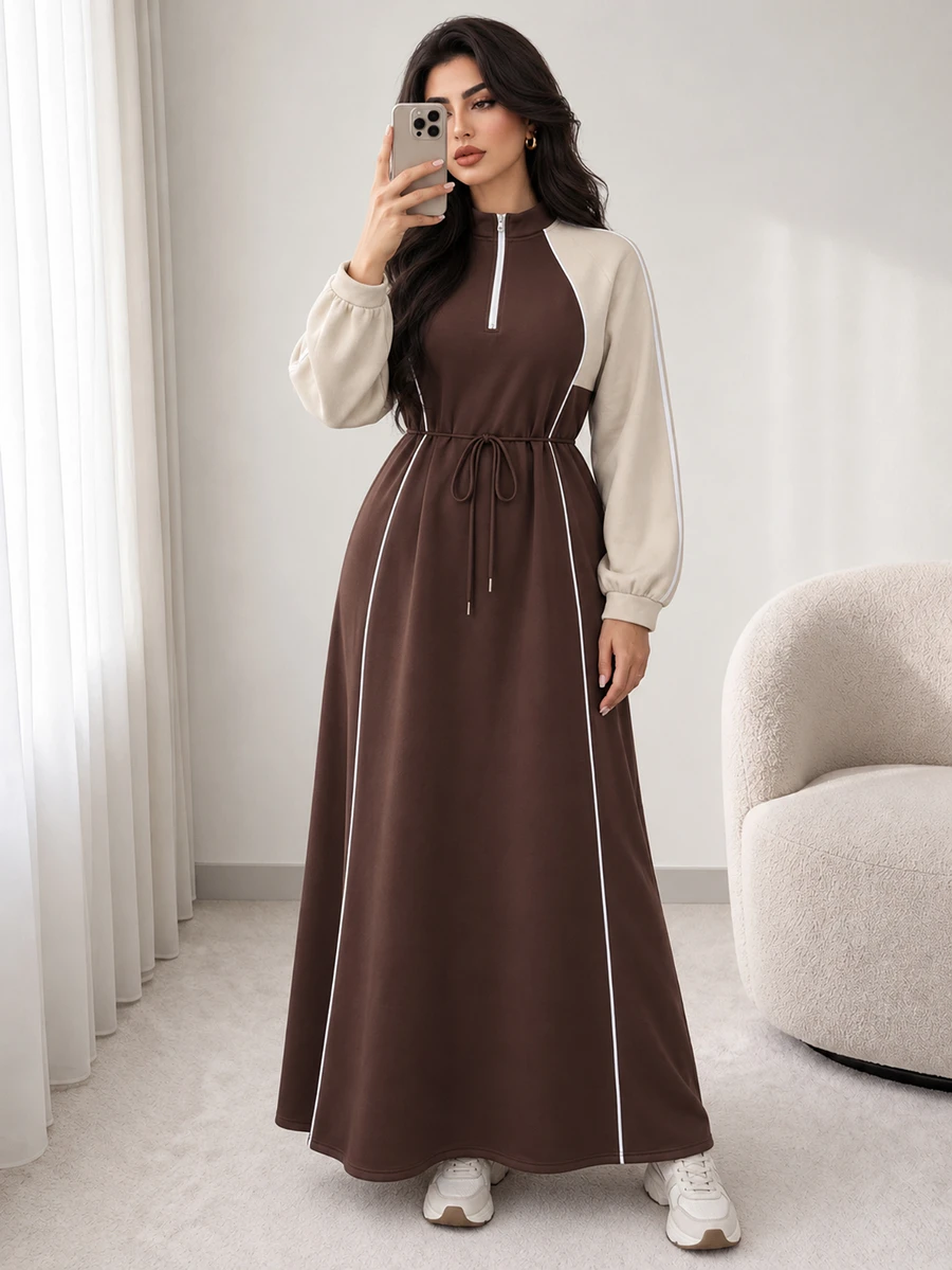 Solavon Plus Size Women's Colorblock Long Sleeve Casual Loose Fit Dress - Brown - View 1