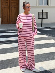 Muchica 女款條紋圓領落肩長袖運動衫與長褲休閒兩件套 - 彩色 - 查看 7