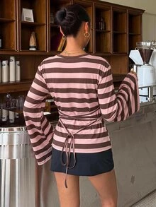 Muchica Brown Striped Casual T-Shirt, Batwing Sleeves, Flared Cuffs, Cinched Waist, Back Tie - Suitable For Spring And Autumn Wear. - Multicolor - View 2