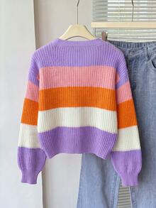 Elladie kids 青少年女孩拼色落肩短版開襟衫 羅紋開襟衫 扇形邊開襟衫 秋季毛衣 - 彩色 - 查看 2