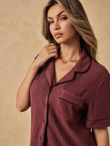 HautHeat Women's Button Short Sleeve Top And Shorts Loungewear Set - Coffee Brown - View 7
