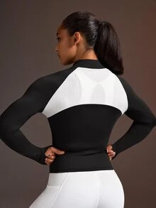 Powerista Women's Minimalist Half-Zip Mesh Sports Sweatshirt - Black and White - View 1