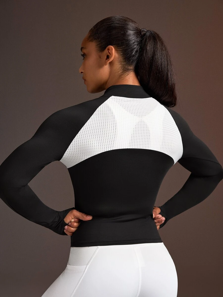 Powerista Women's Minimalist Half-Zip Mesh Sports Sweatshirt - Black and White - View 1