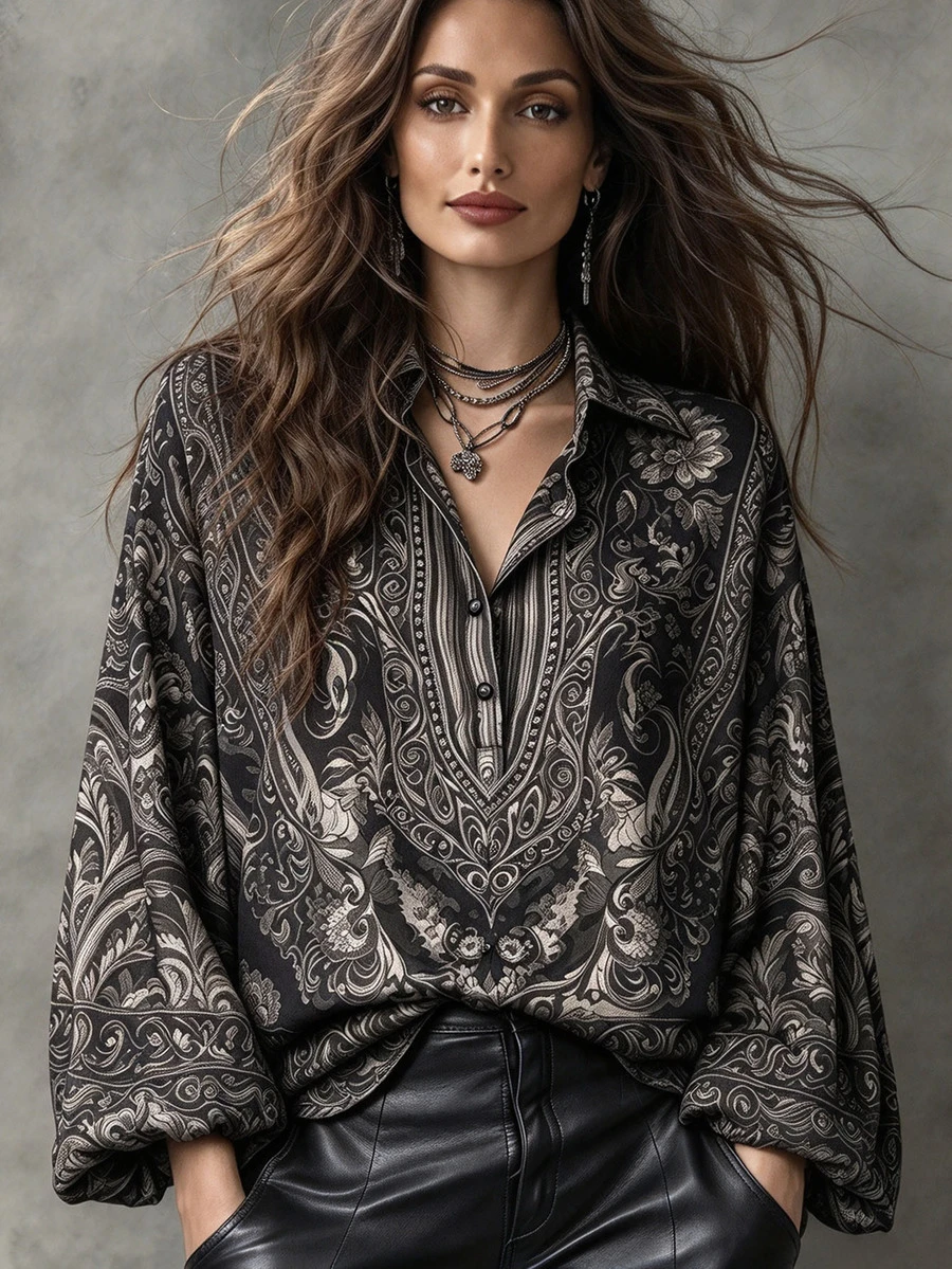 Linhara CURVE Plus Size Women's Bohemian Vintage Print Woven Shirt, Spring/Autumn, Lapel Collar, Half-Button Front, Loose Fit, Dropped Shoulder, Relaxed Casual Style - Black and White - View 1