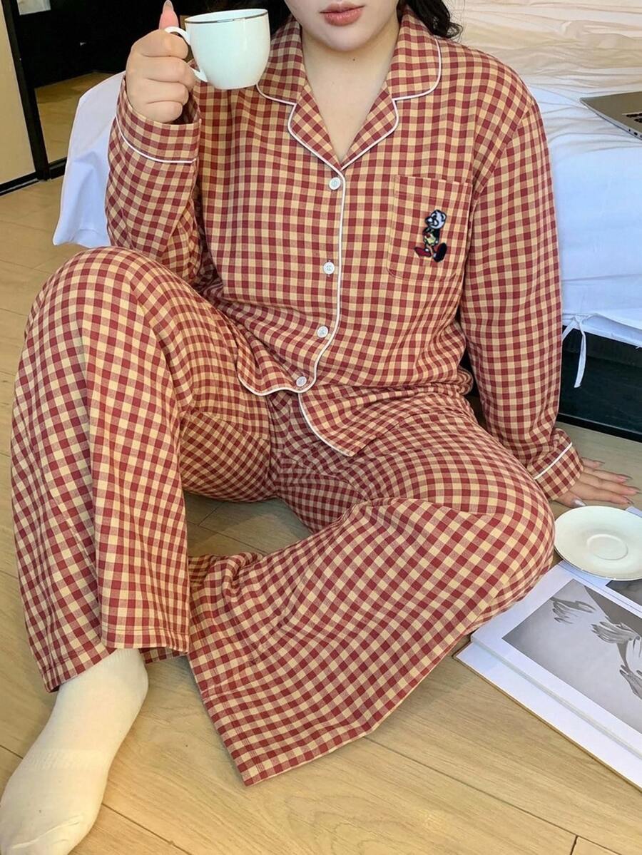 Dazy Plus Plus Size Women's Plaid Long Sleeve Single-Breasted Top And Pants Pajama Set - Red - View 1