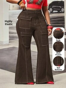 Slaydiva Plus Size Women's Slightly Stretchy Denim Jeans Cowboy Outfits For Women - Coffee Brown - View 4