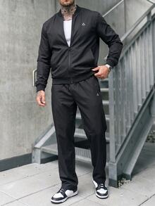 Manfinity CasualCool طقم جاكيت وبنطلون بطبعة هندسية وياقة بيسبول للرجال، إصدار العطلات للهالوين والكريسماس وليلة رأس السنة - الأسود - مشاهدة 5