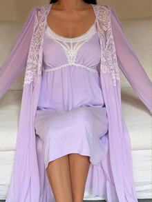 DAZY Women's Lace Patchwork Camisole Dress And Cardigan Casual Sleepwear Set - Purple - View 7