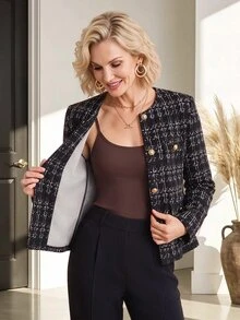 Miaspire Elegant Plaid With Gold Buttons, Women's Printed Jacket, Black And White Plaid, Suitable For Business, Work, And Parties, Perfect For Winter And Autum - Multicolor - View 6