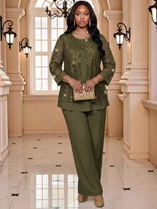 SHEIN Lady 女款對比蕾絲 2 合 1 上衣與長褲優雅套裝 - 軍綠色 - 查看 4