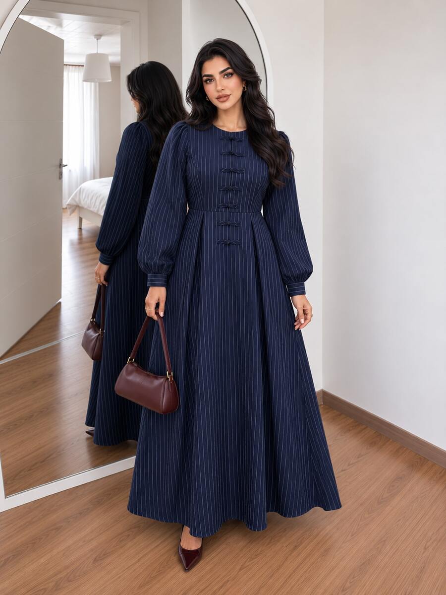 Solavon Plus Size Striped Colorblock Frog Button Long Sleeve Dress - Navy Blue - View 1