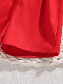 SHEIN Babygirl 2件組夏季白色無袖圓領上衣與紅色短褲套裝，可愛花卉印花梭織布料寬鬆版型，適合度假、派對、日常穿著 - 紅色 - 查看 3