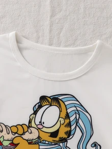GARFIELD | SHEIN 小男孩卡通印花上衣搭配條紋長褲舒適居家服套裝 - 藍白色 - 查看 3