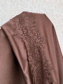 Easura Brown Satin Elastic Waist Design Plus Size Women's Contrast Lace Elegant Long Pants Fall - Brown - View 4