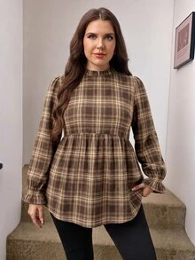 Easowa Curve 女款英式蘇格蘭格紋秋季休閒百搭日常花瓣袖長袖襯衫/工作襯衫 大尺碼女款休閒印花日常百搭襯衫 - 彩色 - 查看 3