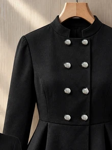 GlowEve CURVE Plus Size French Style Gold Button Cinched Waist Ruffle Hem Jacket Winter Outfit Fall - Black - View 3