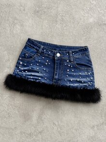 Elamini Women's Plush Patchwork Fashion Versatile Denim Mini Skirt - Blue - View 5