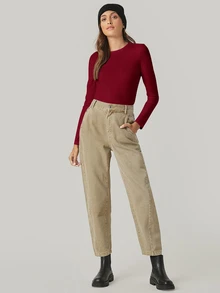SHEIN BASICS 女款經典酒紅色長袖襯衫，柔軟透氣圓領百搭上衣，適合日常、夜生活、秋季休閒穿搭 - 酒紅色 - 查看 4