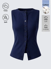 SHEIN BASICS Women's Solid Color Casual Versatile Daily Wear Top - Navy Blue - View 1