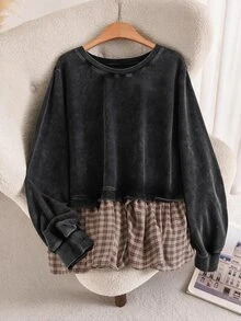 CosyJoli Áo nỉ nữ size lớn màu wash, tay dài phong cách thập niên 60 và 90, áo top phối caro patchwork gấu bèo nhún, đồ thu đông đi nghỉ dưỡng, màu đỏ trắng, phong cách brunch - màu xanh lá - Xem 3