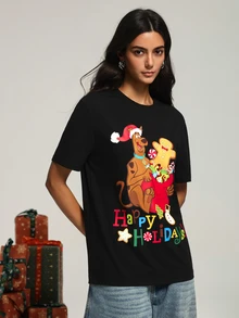 SCOOBY-DOO X SHEIN Men's Round Neck Short Sleeve Casual T-Shirt For Christmas - Black - View 4