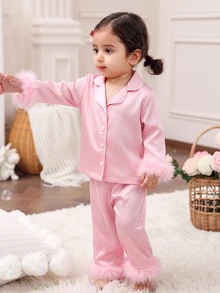 Dozemod Baby Girl Sweet Minimalist Bow Pattern Lapel Button Ruffle Trim Long Sleeve Long Pants Comfortable Skin-Friendly Knit Pajama Set 2pcs - Baby Pink - View 9