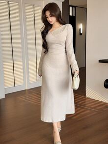 Feyla Women's Chic Midi Dres S With Lace Trim V-Neck Long Sleeves And Ruched Waist Perfect For Everyday Wear - Khaki - View 5