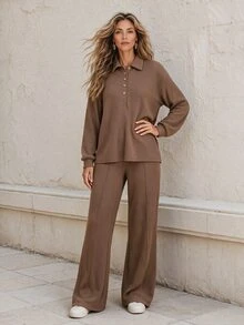 Faunlyn Women's Waffle Knit Button Half-Placket Top And Pocket Long Pants 2 Pieces Set Autumn Clothes For Women Winter Outfit For Women Winter Clothes - Brown - View 5