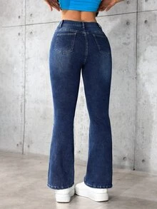 SHEIN PETITE 女款時尚鈕扣口袋喇叭牛仔褲 - 中等水洗藍 - 查看 2