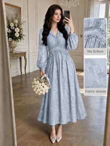 Modelyn Women Dusty Blue V Neck Ruffle Long Sleeve Midi Dress, Elegant Flowy A Line Fall Dress, Modest Wedding Guest Evening Party Dress For Autumn - Blue - View 4