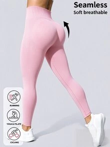 Easithlete Easithlete 女款純色高腰日常健身舒適束帶運動緊身褲 健身房 粉色 秋季 - 粉色 - 查看 3