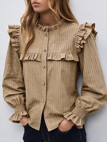 Nöista Áo sơ mi nữ kẻ sọc phối patchwork bèo nhún cài nút đơn phong cách thường ngày - Màu vàng - Xem 6