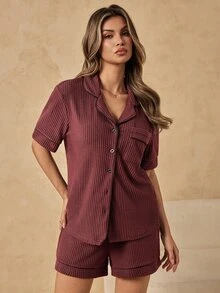 HautHeat Women's Button Short Sleeve Top And Shorts Loungewear Set - Coffee Brown - View 5