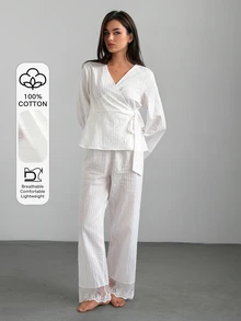 Livesso Women's Lace Patchwork Tie-Up Top And Long Pants Pajama Set - White - View 3