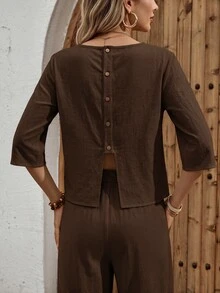 EMERY ROSE Women's Vacation Casual Solid Color Shirt And Pants 2 Pieces Set Vacation White Autumn - Brown - View 6
