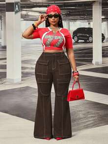Slaydiva Plus Size Women's Slightly Stretchy Denim Jeans Cowboy Outfits For Women - Coffee Brown - View 3