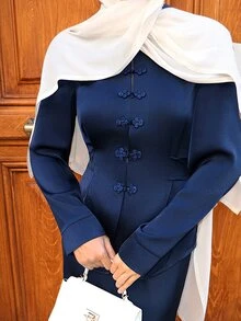 Graceveil Women's Woven Shiny Fabric Long Sleeve Frog Button Elegant Navy Blue Romantic Outing Matching 2 Pieces Set - Navy Blue - View 5
