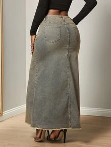 Slaydiva Women's Outdoor All-Season Long Frayed Distressed Vintage Retro Blue Denim Skirt - Medium Wash - View 2
