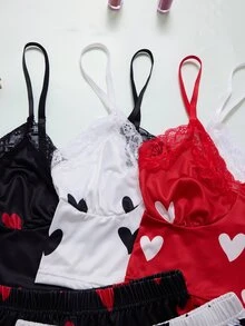 ZzzCrew Heart Print Lace Camisole & Shorts 2 Pieces Pajama Set, Sweet Sexy Cropped Waist Loungewear, 6-Piece Set - Black - View 3