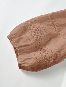 Rusticease Plus Size Autumn Vacation Solid Color Ruffle Collar Patchwork Water-Soluble Lace Front Button Lantern Sleeve Blouse White Elegant Boho Beach Fall - Mocha Brown - View 4