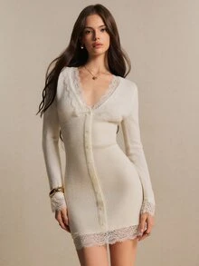Poéselle Women's Ivory Lace Trim Knit Mini Dress, Long Sleeve V-Neck Button Front Bodycon Sweater Dress For Fall Winter, Christmas Holiday Party & Date Night - Beige - View 2