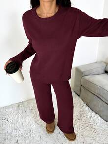 SHEIN PETITE 女款純色圓領長袖毛衣與長褲休閒套裝，標準版型，秋冬小個子居家室內度假咖啡棕 - 中紫紅色 - 查看 7