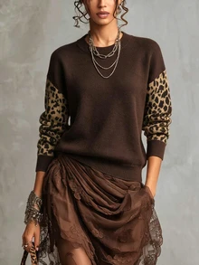 SHEIN 秋假穿搭優雅性感女款襯衫休閒女式襯衫米色豹紋外出夜生活穿搭 - 咖啡棕 - 查看 3