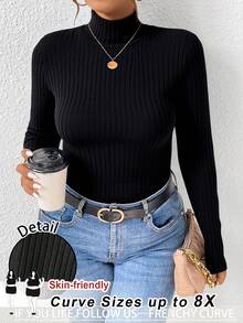 SHEIN CURVE+ Plus Size Black Ribbed Turtleneck Long Sleeve T-Shirt, Suitable For Autumn/Winter, Christmas, New Year - Black - View 1